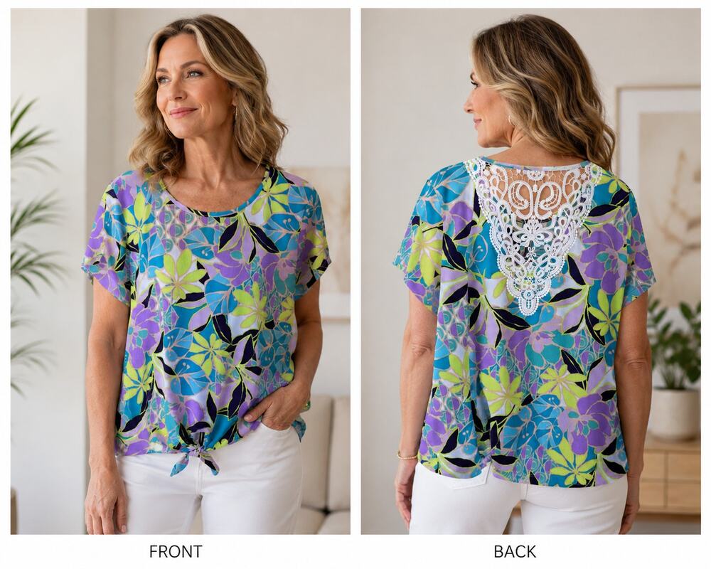 Stella & Ginger Purple White Floral Lace Back Flutter Sleeve Top NWOT Size 1X